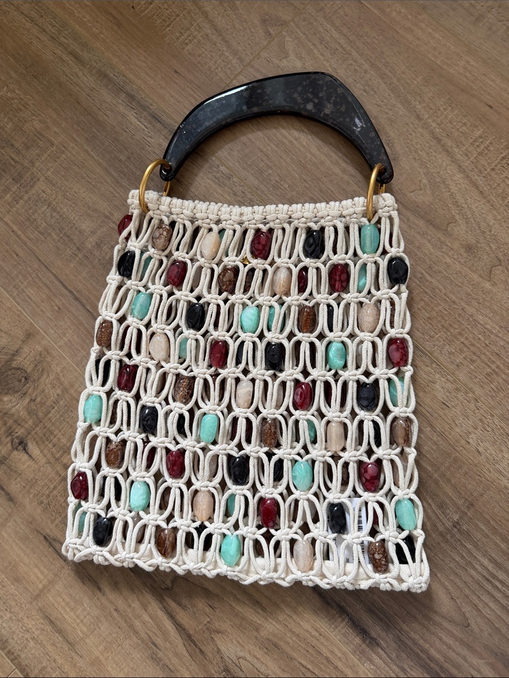 Handwoven Beaded Macramé Tote Bag – Cream with Multicolor Beads